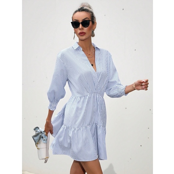 Striped White Blue Mini Dress Ruffle Detail V-Neck 3/4 Sleeve - Picture 5 of 8